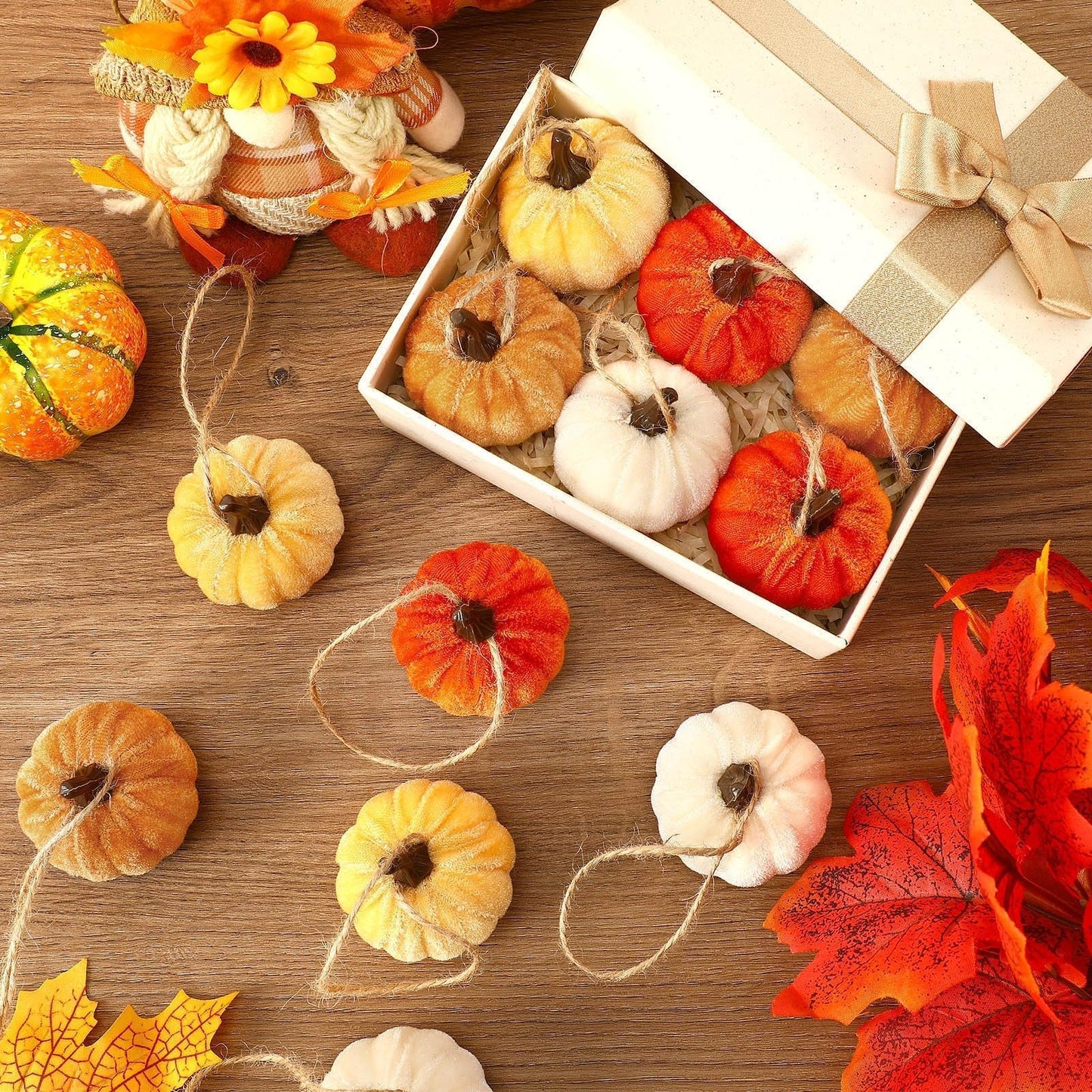 DTOFOOT 16 Pcs Fall Thanksgiving Pumpkin Hanging Ornaments, Autumn Velvet Fabric Wrapped Pumpkin Pendant for Farmhouse Harvest Halloween and Home Party Decor