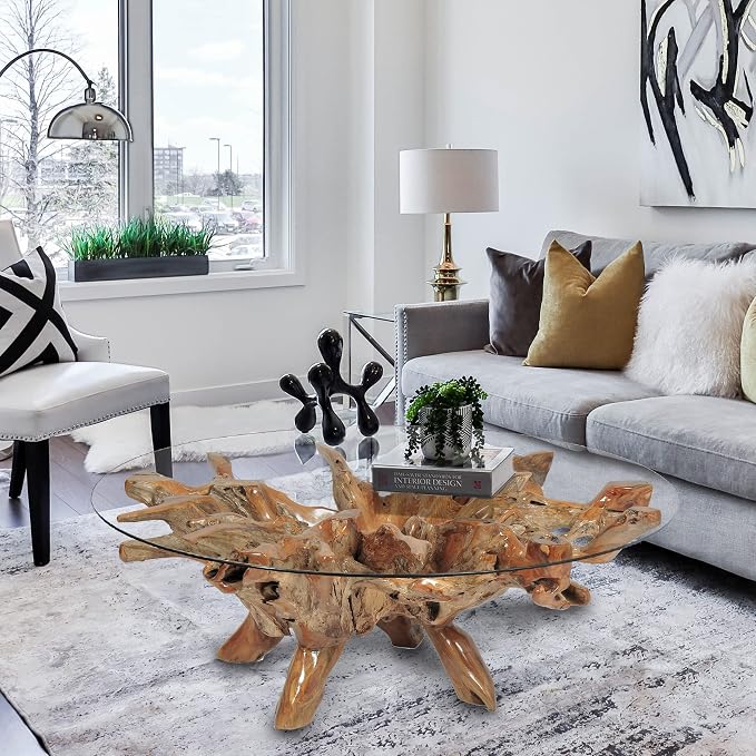CHIC TEAK Genuine Teak Wood Root Coffee Table Including 55 Inch Round Glass Top Made