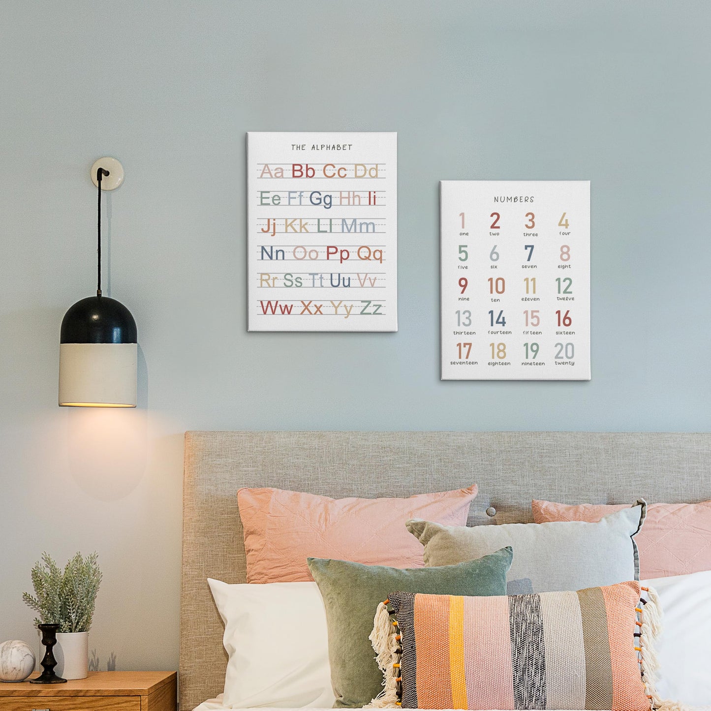 HRQKO Alphabet Numbers Nursery Canvas Wall Art Set of 2, Kids Room Decor Framed Art, ABC Numbers Educational Posters Wall Decor for Classroom Toddler Kids Nursery Bedroom Playroom, 11x14 inch