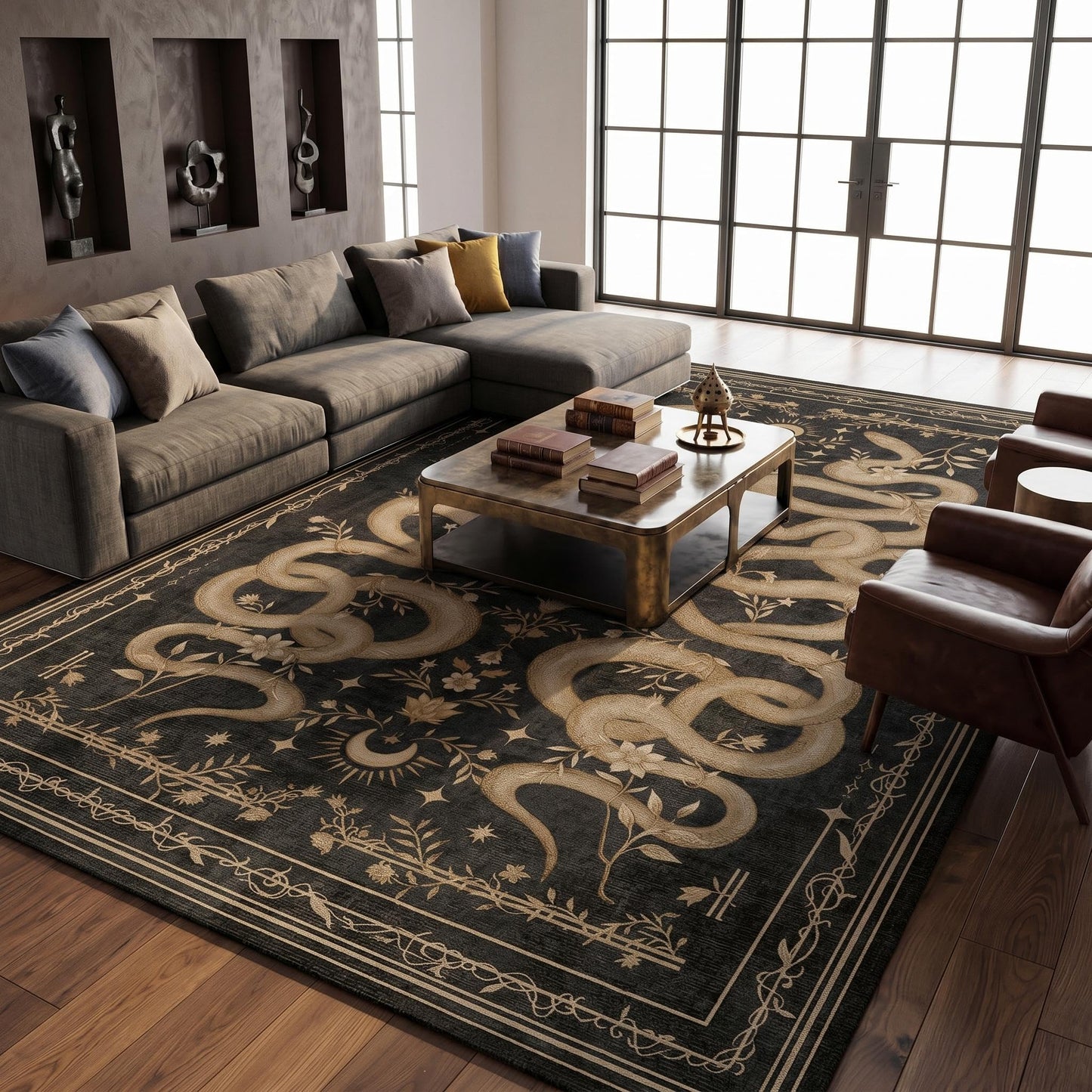 Garvee Snake Gothic 9x12 Area Rug Dark Whimsical Moody Witchy Unique Soft Thin Large Carpet for Living Room Bedroom Dining Room Playroom Indoor Decor Low Pile TPE Backing Black Gray