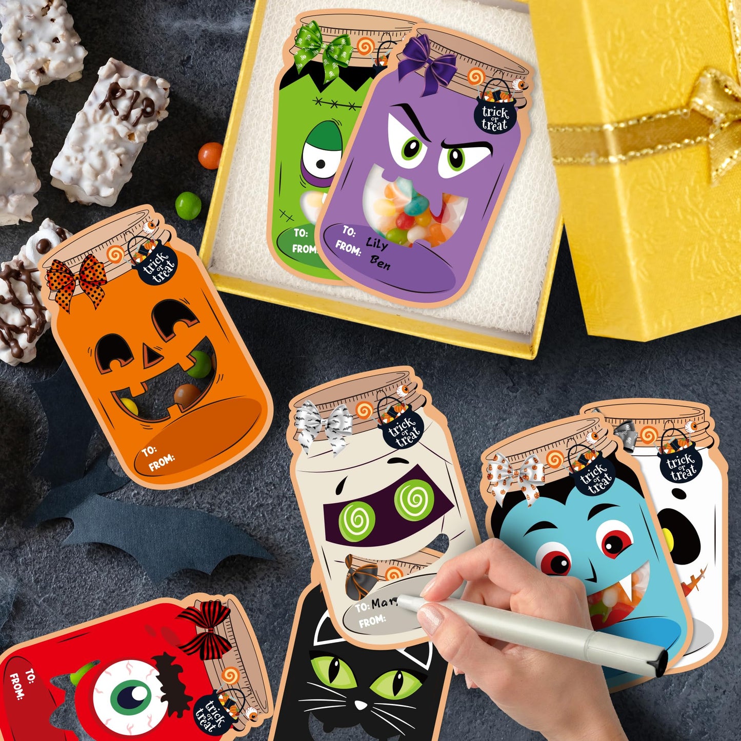 TICIAGA 48set Halloween Treat Bag Fillers with Gift Cards Happy Halloween Mason Jar Candy Holder for Kids DIY Halloween Skull Black Cat Candy Card Gifts Happy Halloween Trick or Treat Party Favors
