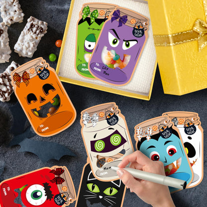 TICIAGA 48set Halloween Treat Bag Fillers with Gift Cards Happy Halloween Mason Jar Candy Holder for Kids DIY Halloween Skull Black Cat Candy Card Gifts Happy Halloween Trick or Treat Party Favors