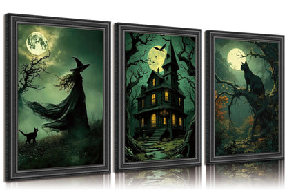 3pcs Halloween Canvas Wall Art Dark Academia Scary Witch Black Cat Castle Posters Prints Thriller Horror Green Gothic Wall Decor Pictures for Halloween Party House Decoration Unframed