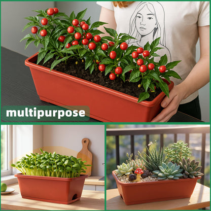 LOCONHA Window Box Planter, Plastic Vegetable Flower Planters Boxes 17 Inches Rectangular Flower Pots with Saucers for Indoor Outdoor Garden, Patio, Home Decor (12, Brick Red)