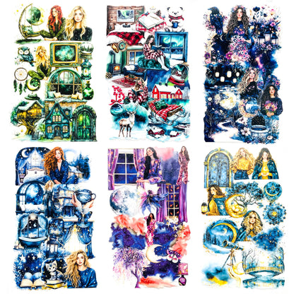 180 PCS Fantasy Midnight Aesthetic Scrapbook Stickers – Boho Watercolor Dreamy Night Sky, Moon, Stars, Girls, Crystal Ball, Witchy Celestial, Galaxy Clear Stickers for Journaling, Resin Crafts, Laptop