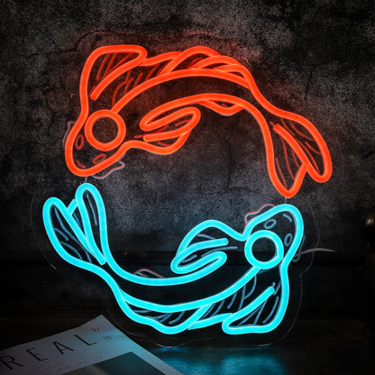 Koi Fish Neon Sign Animal in Sea LED Light up Fish Family Interior Wall Decor Fancy Carp Lucky Charm Neon Lights Hanging Bedroom Home Family Office Business Store Shop