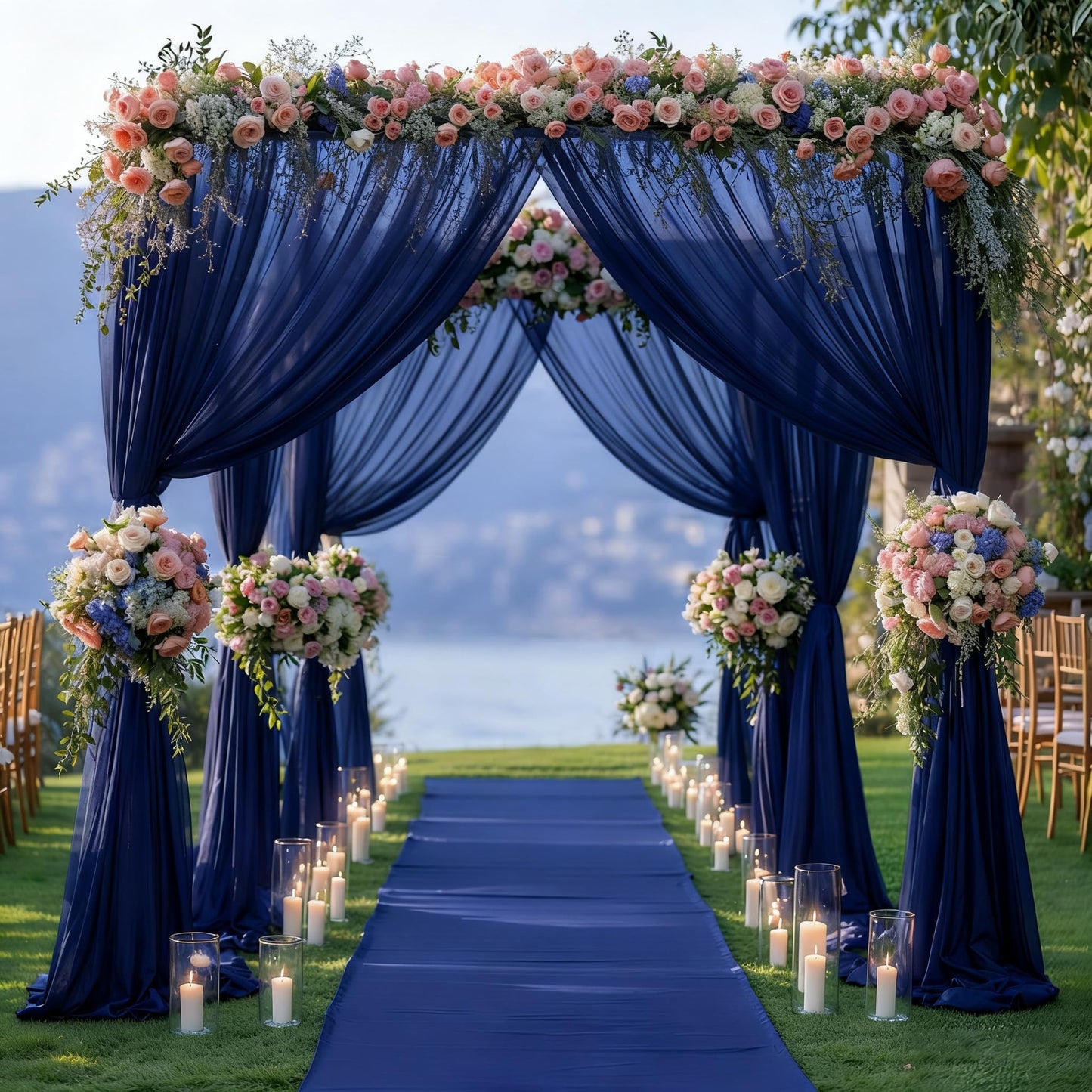 Wedding Arch Draping Fabric, 2 Panels 6 Yards Navy Blue Sheer Backdrop Curtain Window Scarf Valance for Table Event Party Home Decorations（2 Panels）, Navy Blue