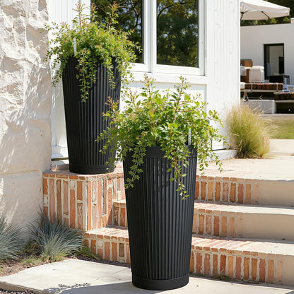 PolarcoForgeco Self Watering Tall Black Planters Outdoor Set of 2, 24” Flower Pots Planters for Outdoor Plants, Modern Plastic Tall Planter for Front Porch, with Drainage Hole (Ribbed)