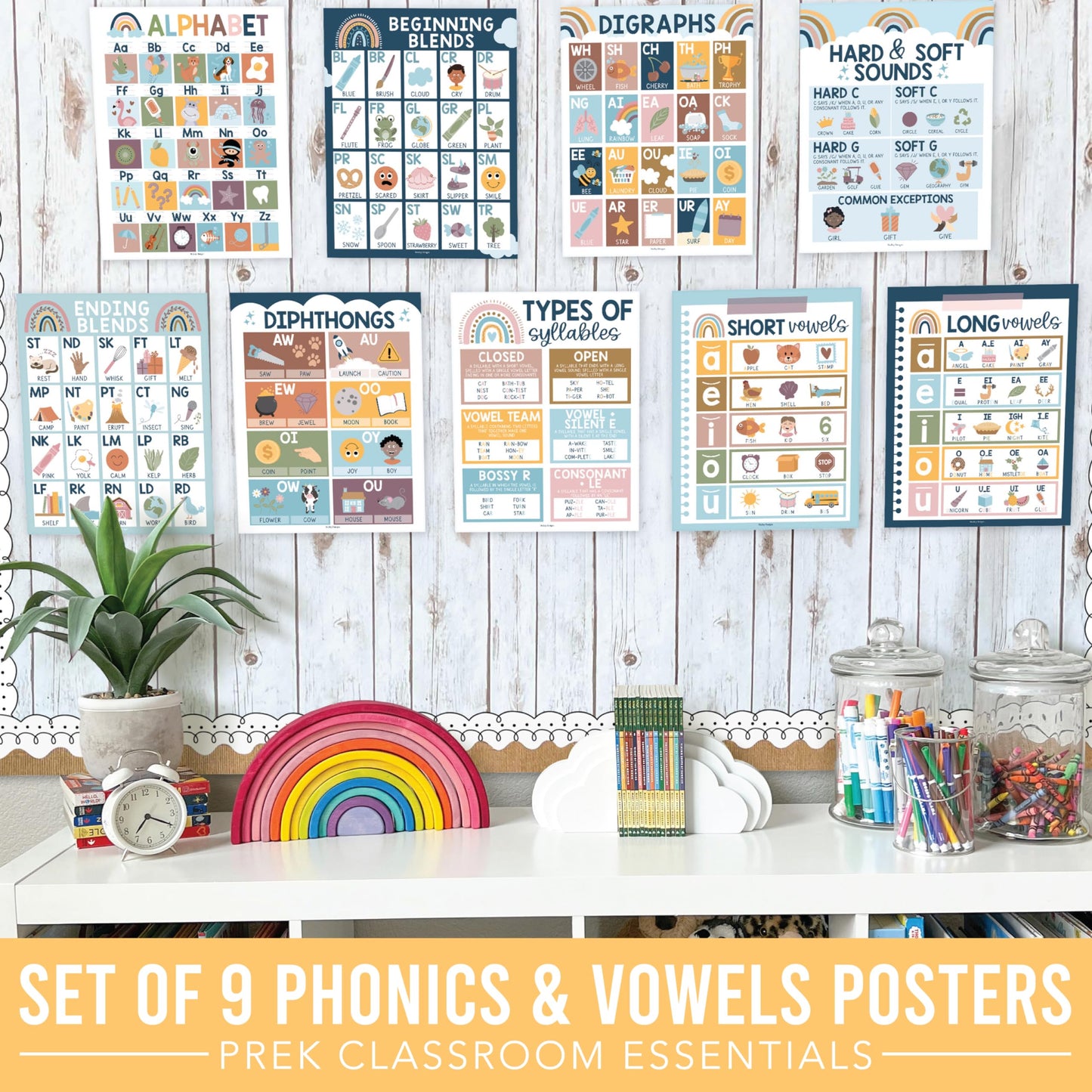 Hadley Designs Phonics Posters for Classroom Must Haves - 9 Sound Wall for Kindergarten & Elementary Teacher Supplies, Syllable, Vowels, Digraphs & Blends Bulletin Board Set, Boho Classrom Decor