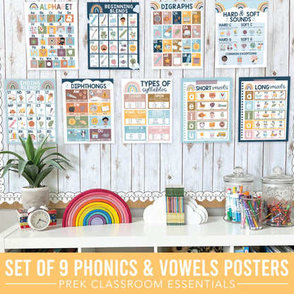 Hadley Designs Phonics Posters for Classroom Must Haves - 9 Sound Wall for Kindergarten & Elementary Teacher Supplies, Syllable, Vowels, Digraphs & Blends Bulletin Board Set, Boho Classrom Decor
