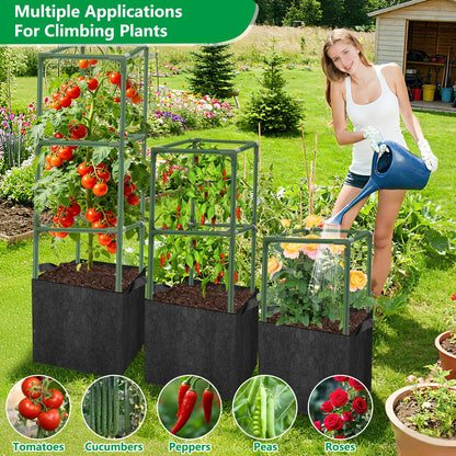 3 Set Square Tomato Cages with 18 Gallon Grow Bags, 49'' Tall Heavy Duty Steel Tomato Trellis Kit for Garden, Plant Support Tower Stakes Cucumber Pepper Trellis for Climbing Vegetable Flowers