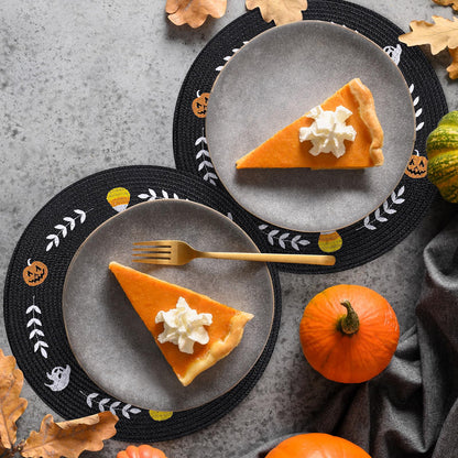Whaline 4 Pcs Round Halloween Placemats Embroidered Ghost Pumpkin Candy Corn Place Mats Black Spooky Dinner Table Mats for Halloween Holiday Trick or Treat Party Table Decor