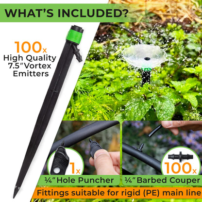 CARPATHEN 100 Drip Irrigation Emitters Vortex - Drip Irrigation Parts for Irrigation Kit - 1/4 inch Irrigation Tubing Compatible - 360 deg Adjustable Fan Sprayer for Raised Garden Bed, Potted Plants