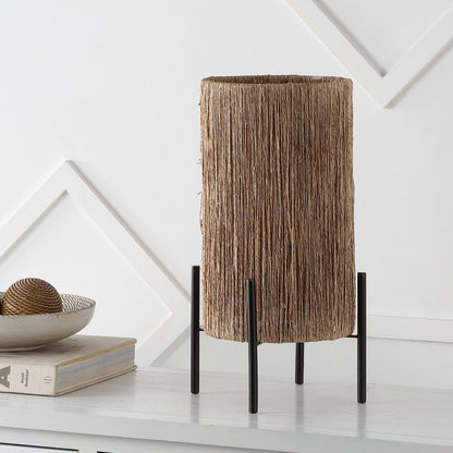 JONATHAN Y 16.5" Brown Woven Rattan LED Table Lamp, Coastal Minimalist Cylinder Accent Light for Living Room, Bedroom, Nightstand, Bohemian Style, LED Bulb Included JYL4043A