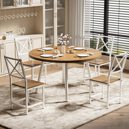 IRONCK Dining Table Set for 4, Round Kitchen Table and 4 Stool Chair for Dining Room, 44.5inch Drop Leaf Desk, Small Space Saving, Natural Wood