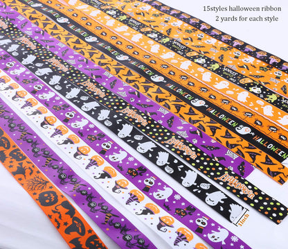 30yards Halloween Grosgrain Ribbon Wired Fabric Ribbon Bats Spiders Web Printed 1 Inch Grosgrain Ribbons Crafts Gift Wrapping Holiday Ribbons for DIY Bows Wreath Crafts