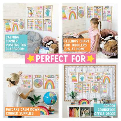 Hadley Designs 9 Calming Corner Posters for Classroom Must Haves - Calm Down Corner Supplies with Emotions Chart, School Counselor Mental Health Poster, Feelings Chart For Kids, Gold Classroom Decor