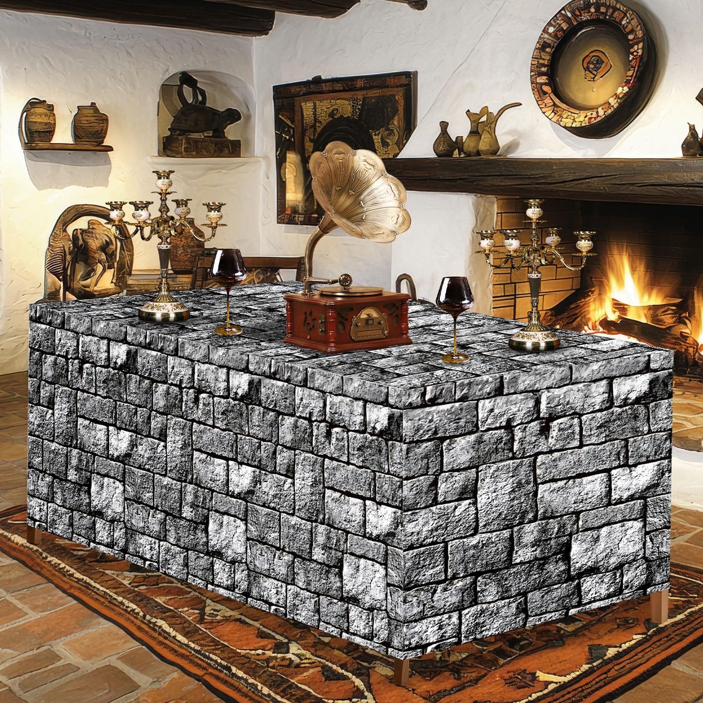 6Ft Medieval Brick Stone Wall Tablecloth Cobblestone Birthday Table Covers Decoration Castle Washable Fabric Polyester Rectangle Stone Table Cover for Halloween Knight Western Party Favors