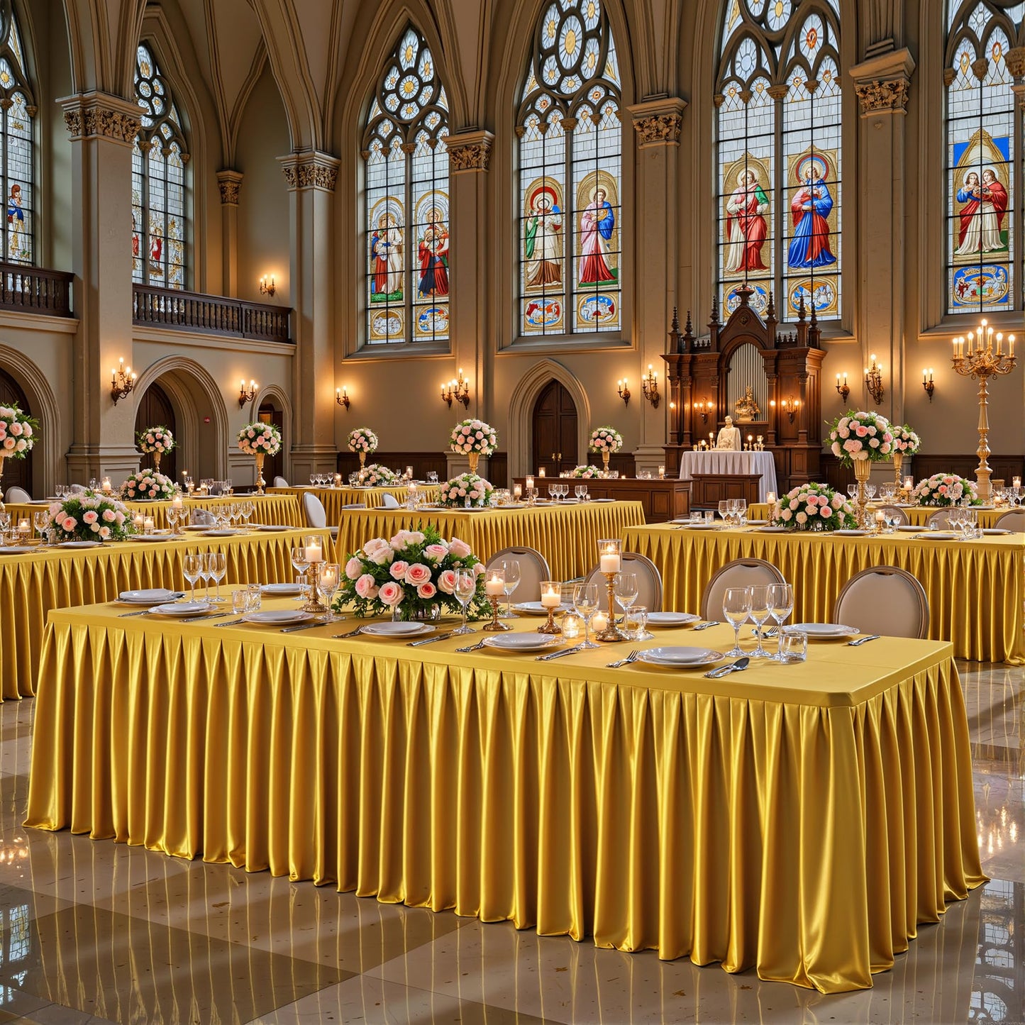 8FT Gold Satin Tablecloths for Rectangle Tables - Shiny Spandex Party Table Cover with Pleated Table Skirt, No-Wrinkle & Glossy Wedding Tablecloth One-Piece for Birthday Baby Shower Banquet Ceremony