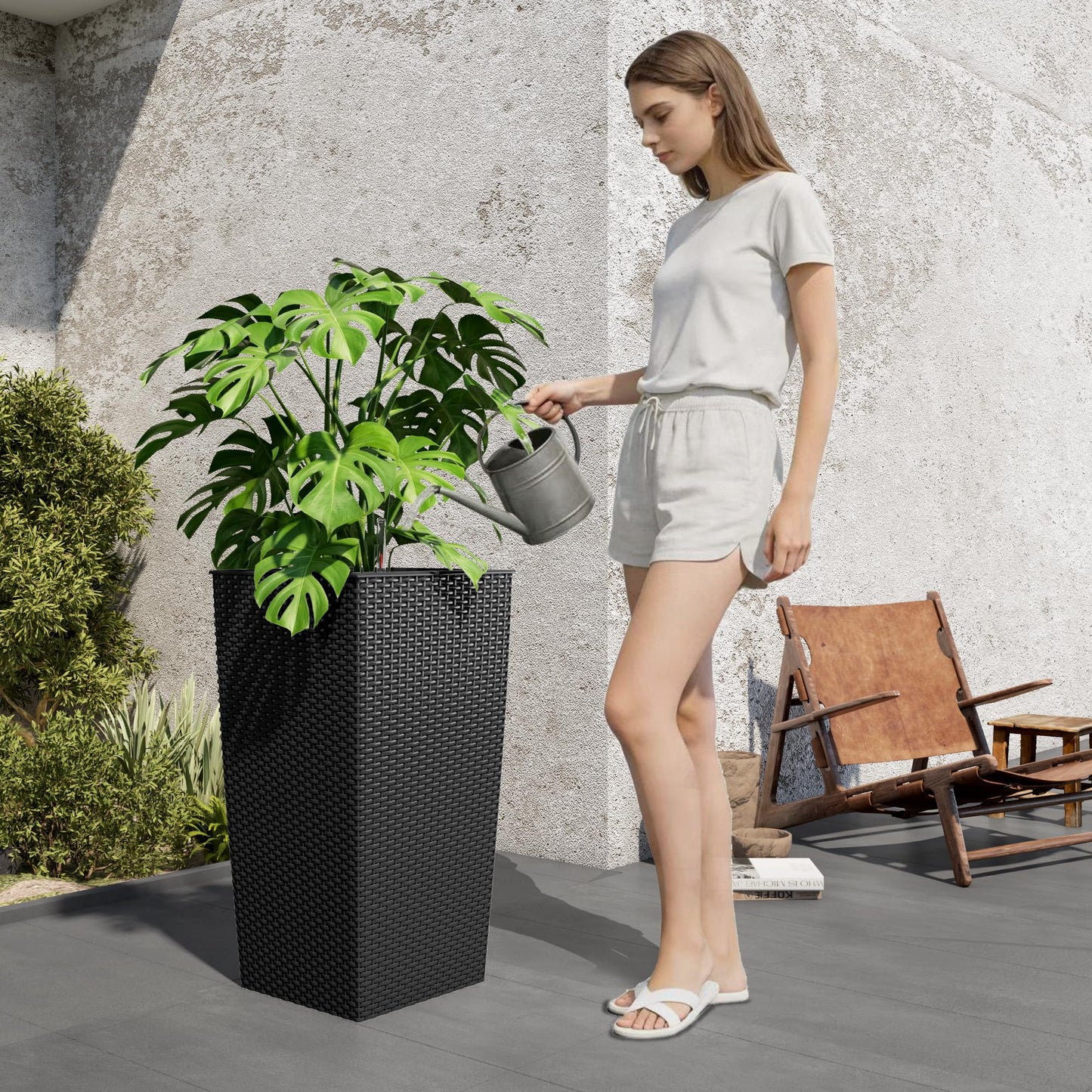 Vigo huseeo 23in Tall Planter Set of 2, Large Self Watering Pots for Indoor/Outdoor Plants with Drain Holes, Water Level Monitor, Inner Bucket for Front Porch Patio, Black Rattan