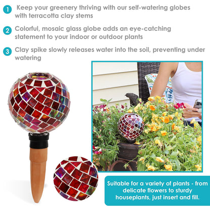 Sunnydaze Mosaic Glass Plant Watering Globe with Clay Spike - Decorative Self-Watering Planter Insert - Water Dripper for Plants - 9.5" - Magenta Medley