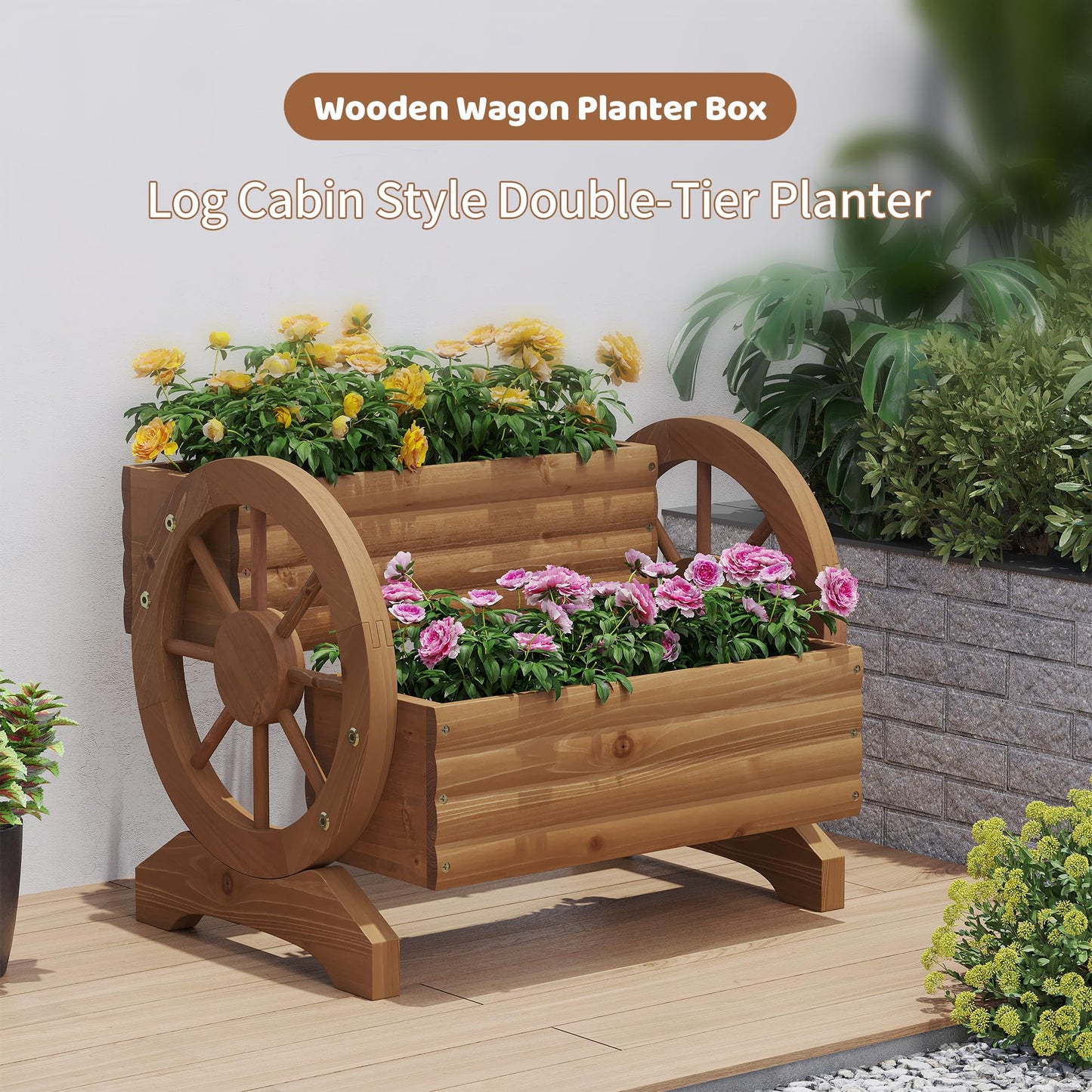 FILWH Wooden Wagon Planters for Outdoor Plants, Flower Cart, Wood Planter Boxes Outdoor, Backyard Decor, Flower Planters Outdoor with Wheels Planter for Flowers Vegetables (Brown)