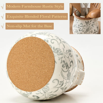 Utensil Holder for Kitchen Counter, Modern Farmhouse Rustic Cooking Utensil Holder and Crock, Exquisite Chinoiserie Floral Ceramic Utensil Organizer for Home Kitchen Decor- Gray Flower Patterns
