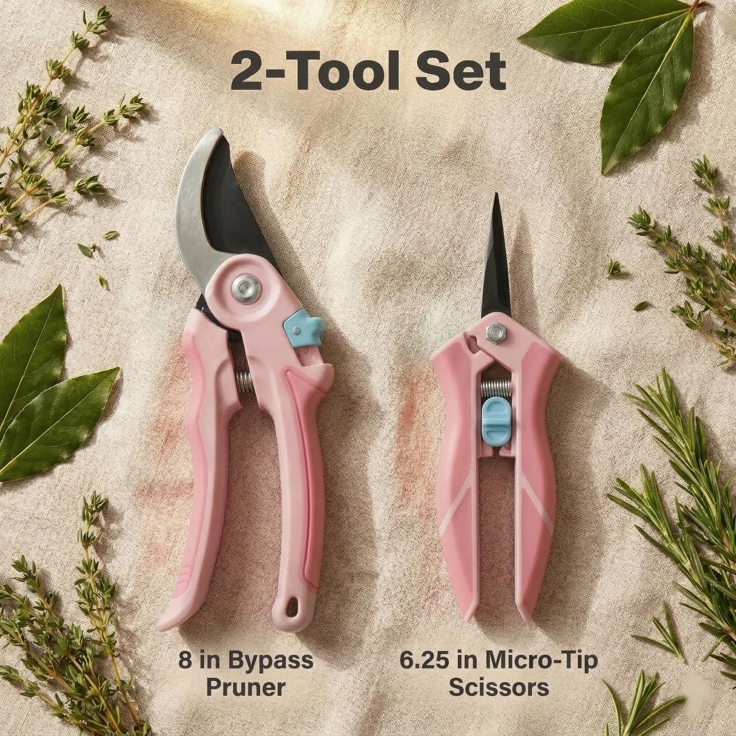 NEXON Garden Pruning Shears 2 Pack, 8" Bypass Hand Pruner & 6.25" Precision Garden Scissors, Professional Garden Clippers for Plants and Flowers Pink