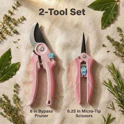 NEXON Garden Pruning Shears 2 Pack, 8" Bypass Hand Pruner & 6.25" Precision Garden Scissors, Professional Garden Clippers for Plants and Flowers Pink