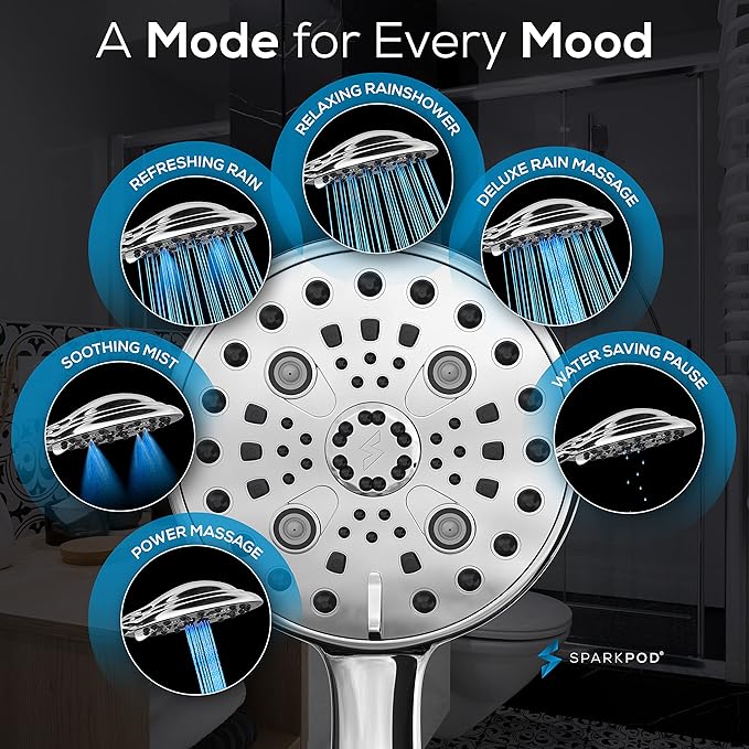 SparkPod 6 Spray Setting High Pressure Hand Held Shower Head - 6" Wide Angle Handheld Shower Head Set with Brass Swivel Ball Bracket and 70 Inch Long Hose - Luxury Design (Luxury Polished Chrome)