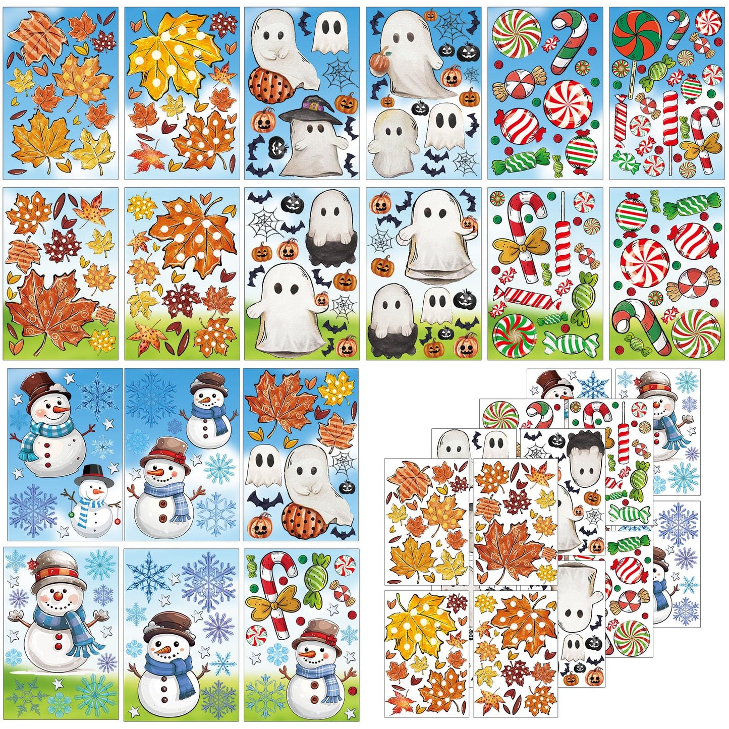 JarThenaAMCS 207Pcs Fall Halloween Christmas Winter Window Clings Maple Leaves Ghost Candy Snowman Double-Sided Glass Decal for Holiday Home School Party Decor,18 Sheets