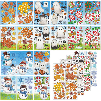 JarThenaAMCS 207Pcs Fall Halloween Christmas Winter Window Clings Maple Leaves Ghost Candy Snowman Double-Sided Glass Decal for Holiday Home School Party Decor,18 Sheets