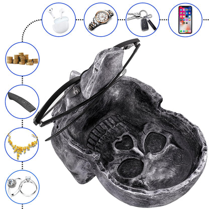 READAEER Skull Glasses Stand Holder, Creative Eyeglasses Holder, Sunglasses Spectacle Display Rack, Key Holder Resin Sculptures for Entryway, Home, Office, Desk, Nightstand (Silver)