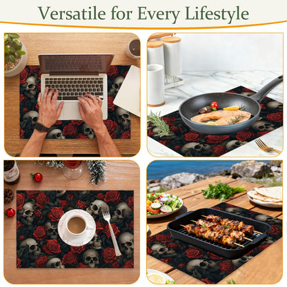 Cloth Placemats,Gothic Skull Fabric Placemats Set of 6,Washable Halloween Red Rose Flower Table Mats,Decorative Place Mats for Dining Home Kitchen Holiday Party 11.8x17.7 Inch