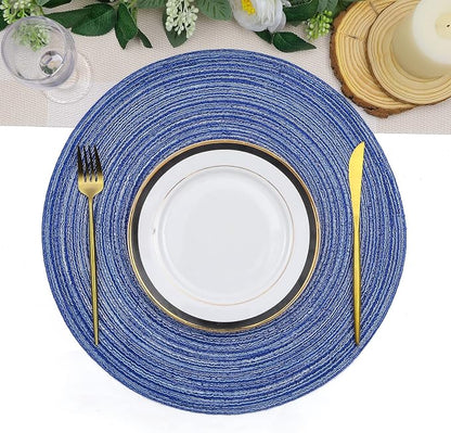 SHACOS Round Braided Placemats 15 inch Set of 4 Washable Cotton Polyester Braided Kitchen Table Placemats for Home Wedding Party (Blue White, 4)