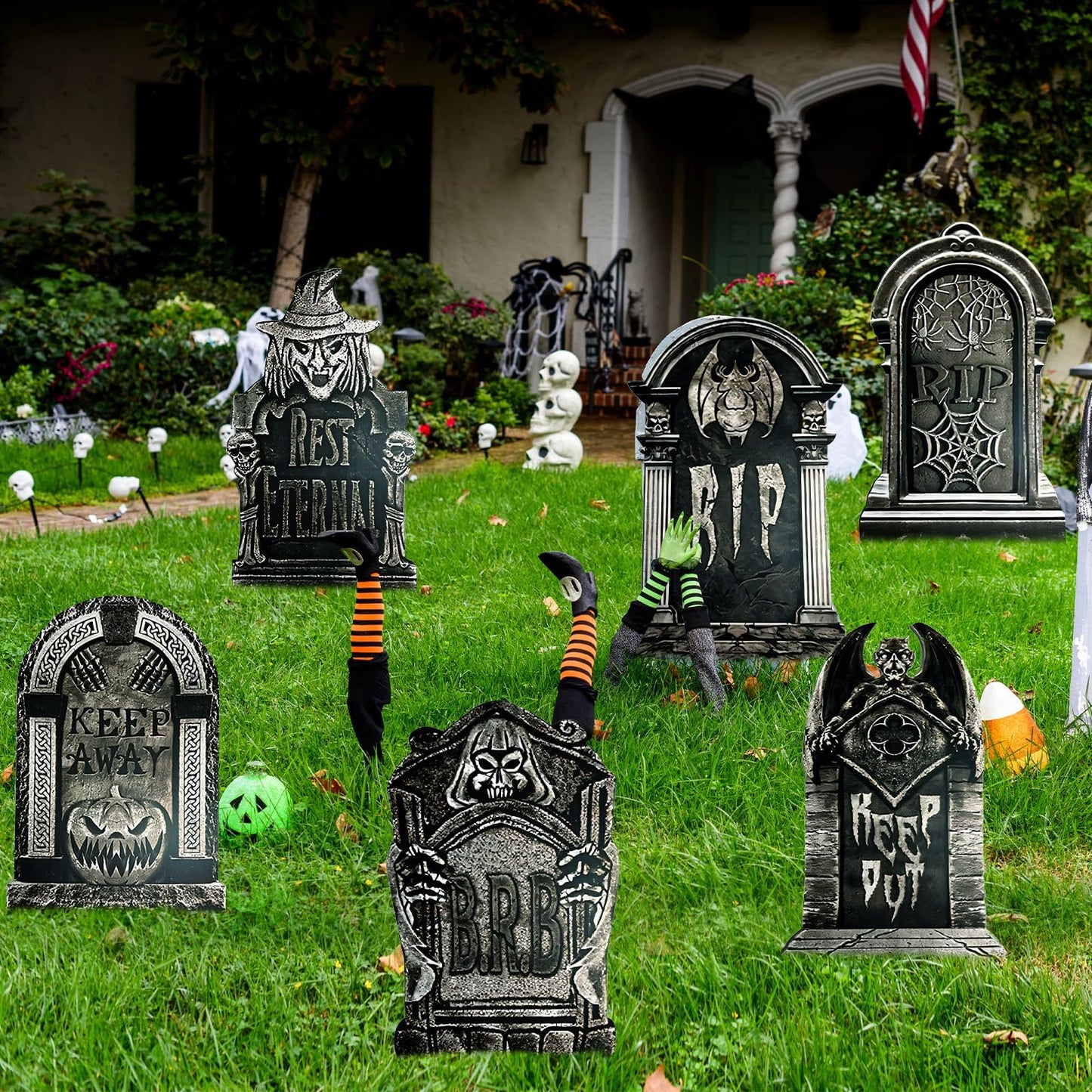 17inch Halloween Tombstones Decorations 6PCS Graveyard Halloween Decorations Outdoor, Plastic Halloween Gravestones Headstone Yard Signs for Yard Decor