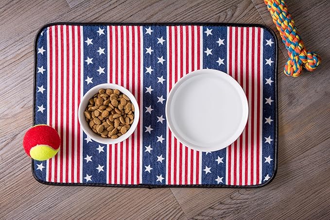 Bone Dry Ceramic Food & Water Bowls for Pets Non-Slip for Secure, Less Messy Feeding, Microwave & Dishwasher Safe, Single Dish Large, 7.5x2.4", Red White & Blue