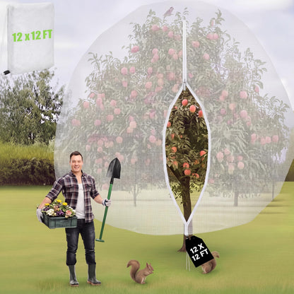 Vincreem 12 x 12 ft Large Fruit Tree Netting for Protecting Fruit from Squirrels Birds Bug Deer & Rat Garden Mesh Netting with Zipper and Drawstring Heavy Duty Tree Covers for Garden Bushes