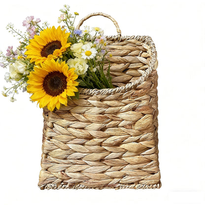 Boho Wall Hanging Basket, Water Hyacinth Woven Basket for Front Door, Flat Back Wall Mounted Entryway Organizer, Storage for Flowers, Plants, Farmhouse, Home Decor