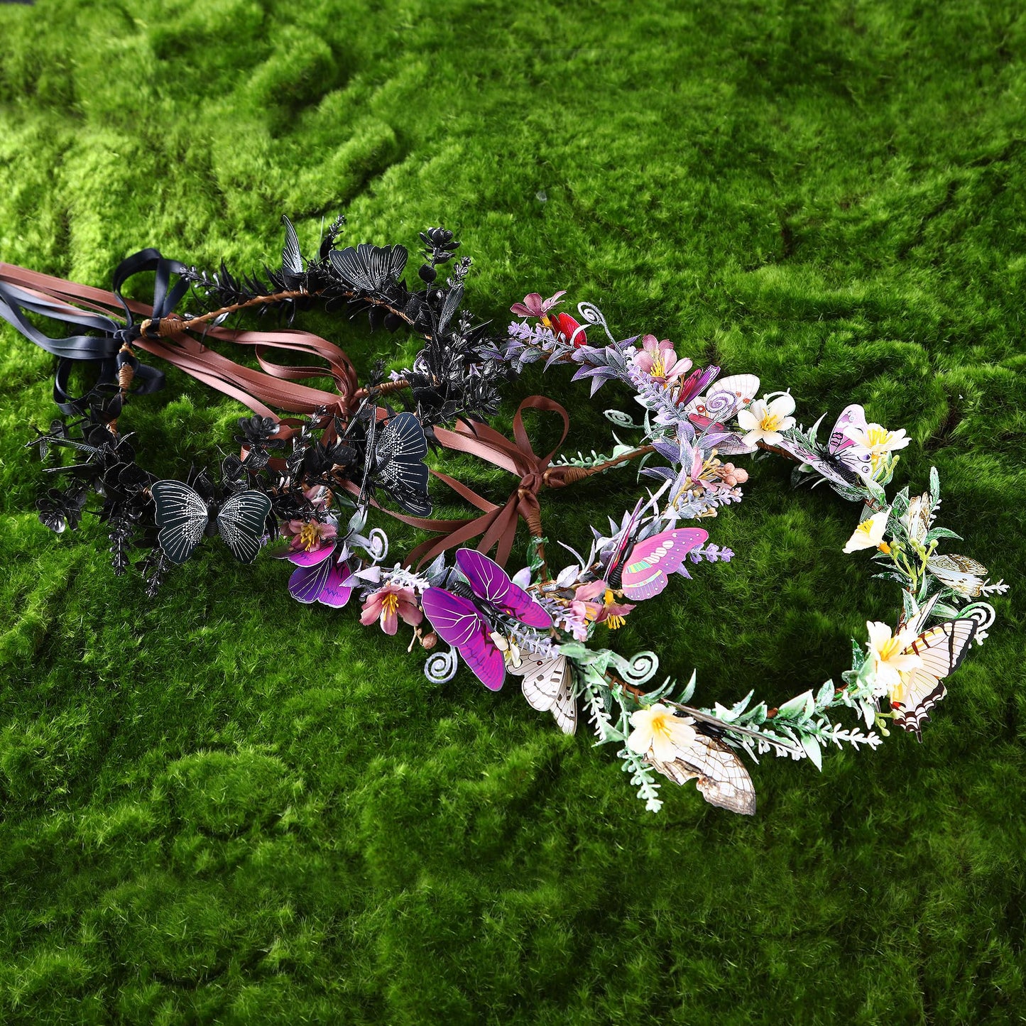 MOSTORY Handmade Black Flower Butterfly Crown - Gohic Elf Headpiece Fairy Floral Headband Dark Wreath for Women s Halloween Renaissance Cosplay Festival Witch Party