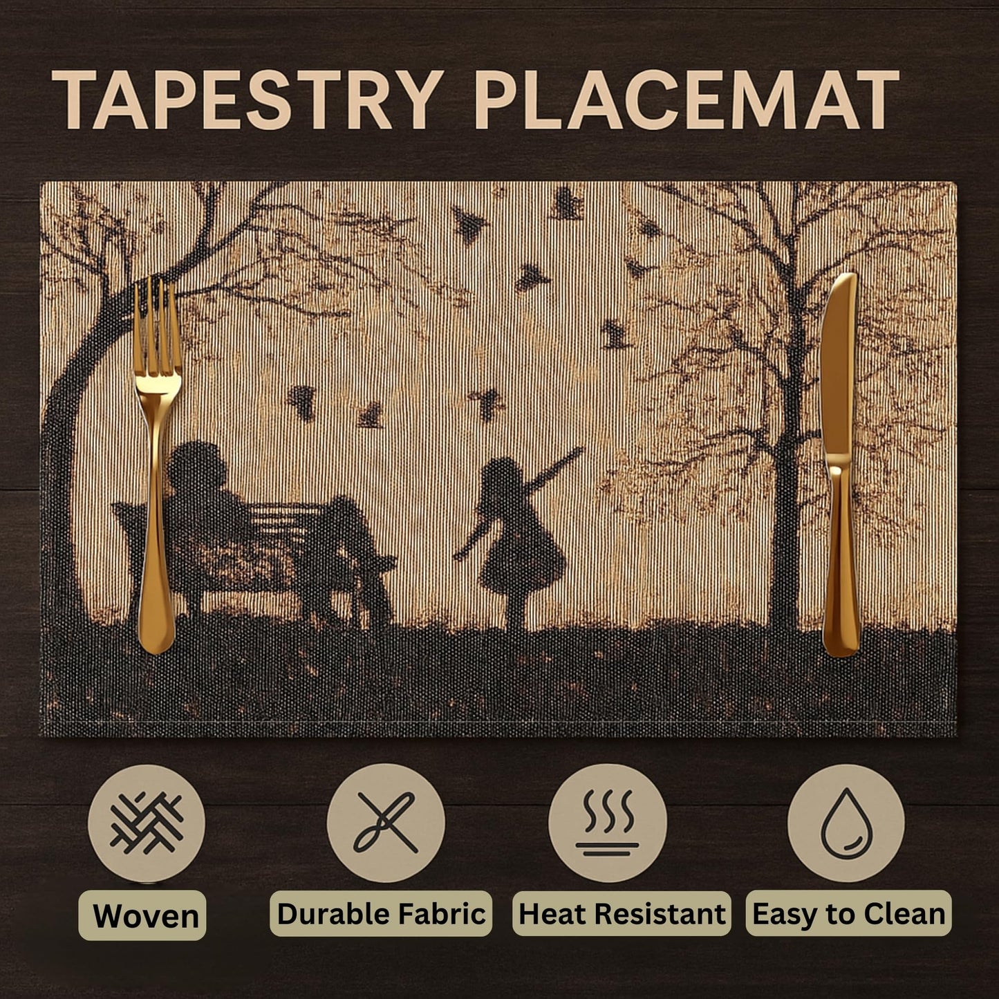 DaDalogy Farmhouse Rustic Dining Placemats - Set of 4 Tapestry Woven Cotton Halloween Kitchen Table Mats Fall Silhouette Decor - Family Cozy Cabin Orange Tan Black Decorative - 13” x 19”