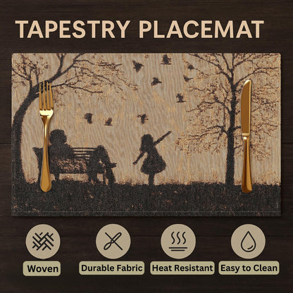 DaDalogy Farmhouse Rustic Dining Placemats - Set of 4 Tapestry Woven Cotton Halloween Kitchen Table Mats Fall Silhouette Decor - Family Cozy Cabin Orange Tan Black Decorative - 13” x 19”