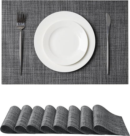 Leetaltree Black and Grey Woven Placemats Set of 8 - Heat Resistant Non-Slip Place mats for Dining Table, Washable Durable PVC Vinyl Woven Table Mats(Black & Grey, 8)