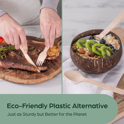PURPLECLAY Wooden Disposable Utensils Set, 300 Pieces | Wrapped Utensils and Napkins, 100 Sets | Compostable Silverware for Parties | Eco Friendly, Plastic-Free Alternative to Bamboo Cutlery
