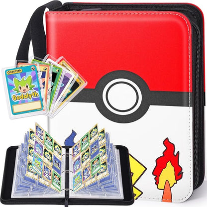 Card Binder – 9 Pocket Zipper Collection Album, Premium PU Holder, Double-Sided Display for 900 Cards, Includes 5 Hard Plastic Sleeves for Game Cards, Sports Cards（Cartoon Stickers）