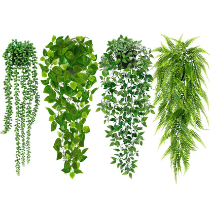 Palonu Artificial Hanging Plants for Shelf, 4 Pack Fake Potted Greenery Plant Faux Mandala Vine, String of Pearls, Ivy Vine,Persian Grass Fern in Pot for Desk Home Bathroom Farmhouse Room Table Decor