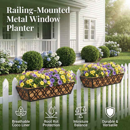 LAWYAMAI 24 Inch Railing Planter Box with Coco Liner, Adjustable Metal Hanging Planter, Window Box for Balcony Deck Fence, Outdoor Flower Box Black, 2 Pack