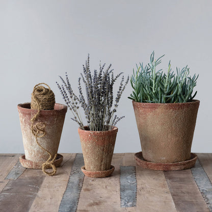 Creative Co-Op Cement Planter with Saucer, Distressed Terra-Cotta Finish, Holds 5" Pot