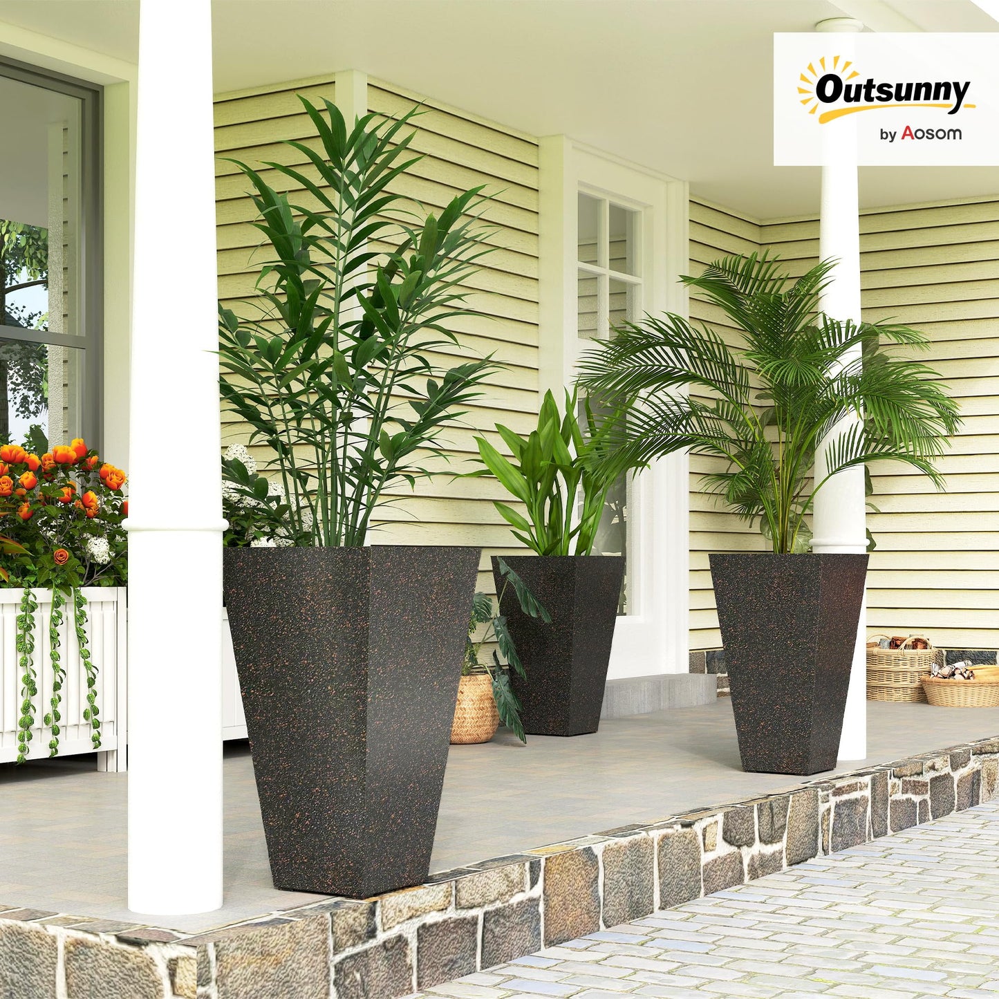 Outsunny 28 Inch Tall Planters for Outdoor Plants, Set of 3 Plastic Flower Pots with Marble Finish and Drainage Holes, Stackable Tapered Large Planters for Indoor Plants, Front Porch Decor, Brown