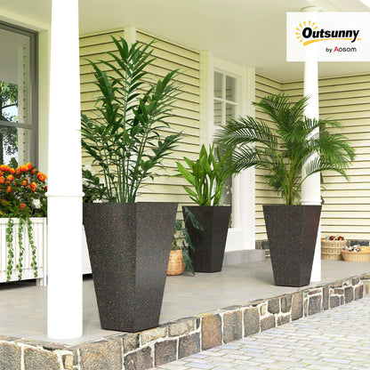 Outsunny 28 Inch Tall Planters for Outdoor Plants, Set of 3 Plastic Flower Pots with Marble Finish and Drainage Holes, Stackable Tapered Large Planters for Indoor Plants, Front Porch Decor, Brown